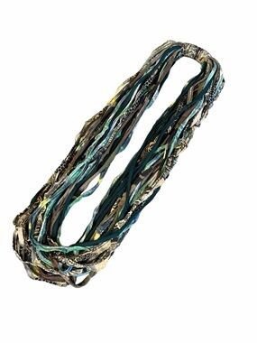 Dona Bela Shreds Multi-Strand Green Black Brown White Fabric Necklace #2255